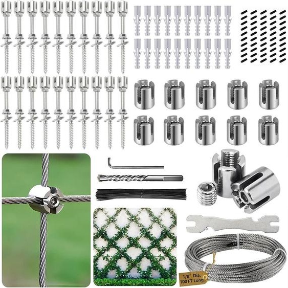 NONE Kit de treillis mural pour plantes grimpantes, cordes de 30 mètres, 98,3 pieds, pinces, moyeux en acier inoxydable, système de mur vert, 20 pièces, 10 pièces