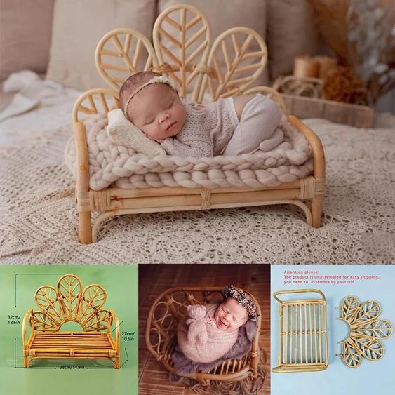 NONE Meubles de photographie pour bébé, banc en rotin tissé à la main, chaise de paon à fleurs, lit en bambou pour garçon et fille, accessoires de séance photo pour berceau