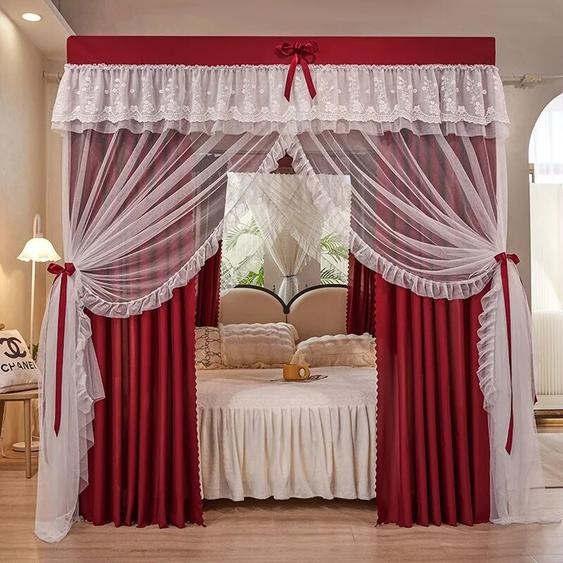NONE Moustiquaire de lit de style princesse, rideau de lit occultant, triple porte, crypté et épaissi, style palais, ménage rouge