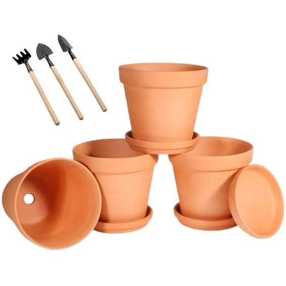 NONE Petits Pots en terre cuite de 3 pouces avec soucoupe, paquet de 4 Pots et soucoupes en argile de 3 pouces avec 3 mini outils pour plantes succulentes