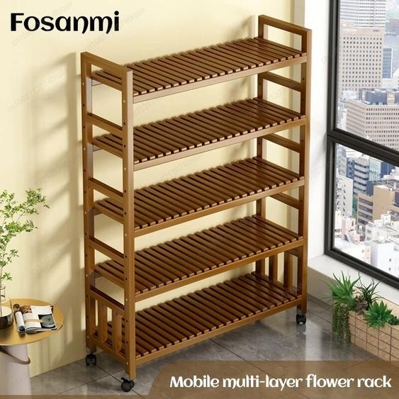 NONE Présentoir vertical pour plantes en bambou, support mobile pour pots de fleurs de jardin, support de rangement pour balcon intérieur, simple