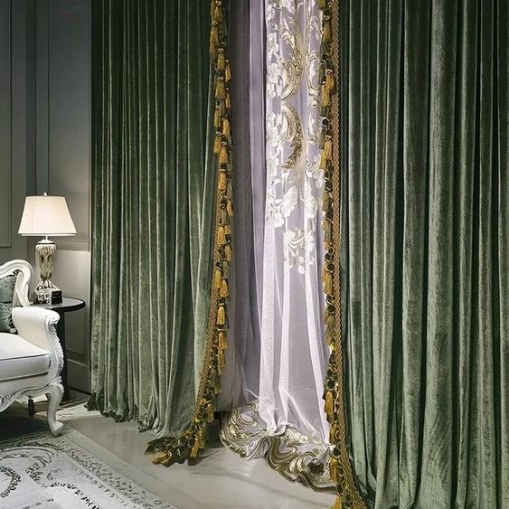 NONE Rideaux occultants épais en velours vert foncé rétro de luxe avec glands pour salon, chambre à coucher, fenêtre française, villa