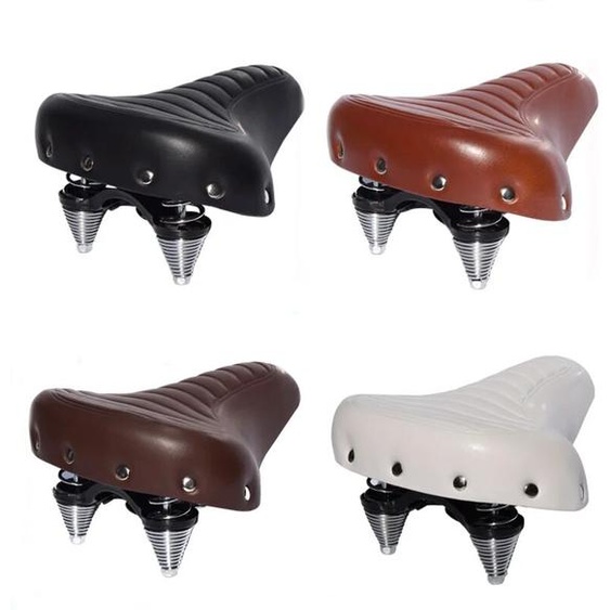 NONE Selle de Vélo de Route Confortable, Douce, Large, Épaisse, Vintage, Blanc, Noir, Coussin en Cuir avec Ressort, Pièces de Cyclisme