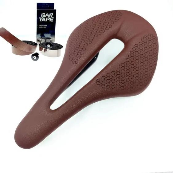 NONE Selle de vélo entièrement en Fiber de carbone + en Fiber de cuir, coussin de siège de selle de vélo de route avec bande de guidon, pièces marron