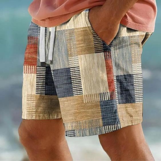 NONE Short de bain à carreaux pour hommes, bloc de couleurs, imprimé géométrique en 3D, maillot de bain, cordon élastique, Style hawaïen, vacances, plage