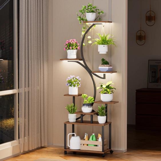 NONE Support pour plantes dintérieur avec 3 lampes de croissance, support pour plantes haut à 8 niveaux, présentoir pour plantes en forme darbre avec roues à 360 degrés