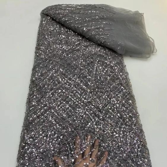 NONE Tissu Africain en Dentelle Perlée Brodée, Maille Française, Paillettes, Tulle NigWin, pour ix, Dernière Collection 2024, NXB5776