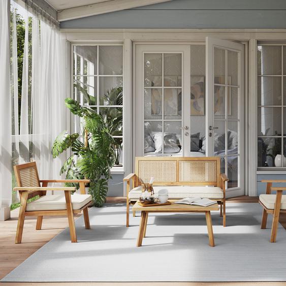 Nora - Salon de jardin 1 canapé, 2 fauteuils et 1 table basse en bois dacacia et cannage - Couleur - Gris clair