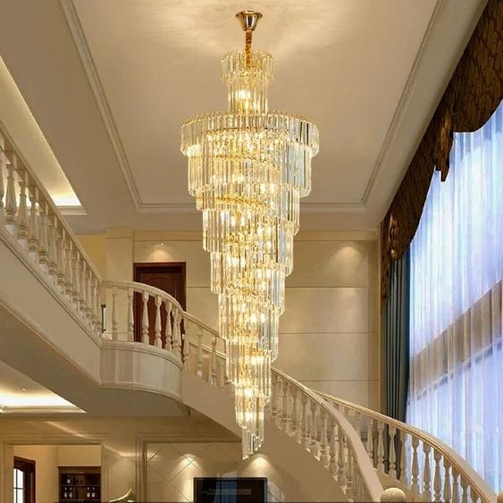NORMICHY Grand lustre en cristal doré pour escalier, lampe moderne en cristal pour loft, villa de luxe, hall dhôtel, salon, décoration intérieure