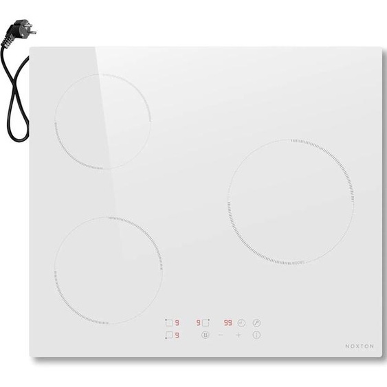 NOXTON Plaque à induction, 3 plaques blanche, 60 cm, encastrable avec commande tactile, booster, minuterie, sécurité enfant, 220 V-240 V, 3500 W, avec prise