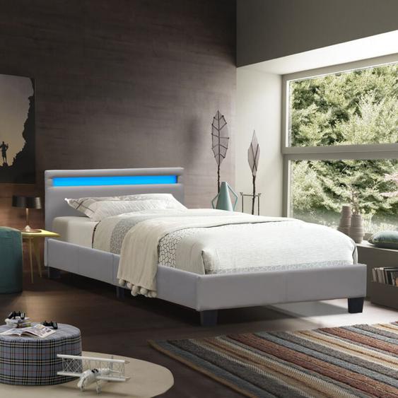Nuits Dor - Lit 90x190 Solide et Confortable avec Sommier et Tête de Lit Éclairage led - Pieds de 10 cm - 13 Lattes - Revêtement pvc Simili Facile