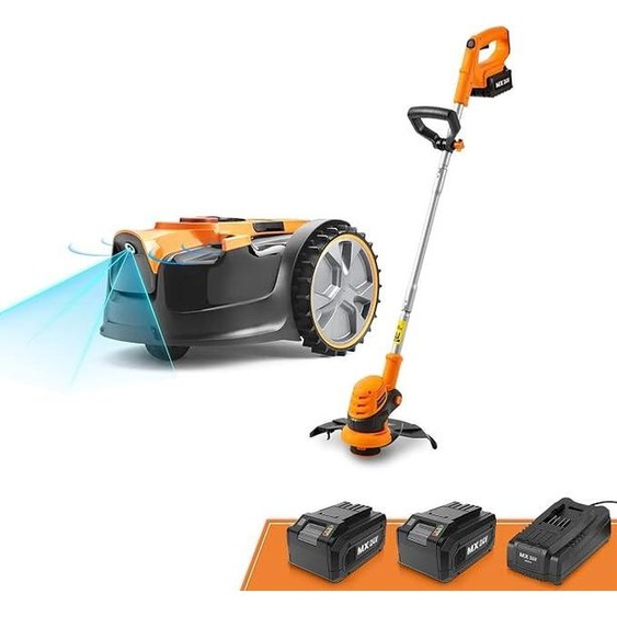 OcuMow®16, robot-tondeuse avec kit combiné sans fil 24V comprenant une tondeuse à gazon et un coupe-bordures, navigation optique, évitement automatique des obstacles, et une coupe précise pour des surfaces allant jusquà 250 mètres carrés
