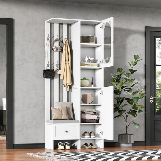 OKWISH Armoire d’entrée compacte avec 2 placards, meuble de rangement en verre trempé avec banc à chaussures et coussin, blanc
