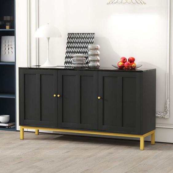 OKWISH Buffet Bahut Moderne et Élégant 140×40×78cm - 3 Portes - Ragement - Plateau en Placage de Marbre - Noir
