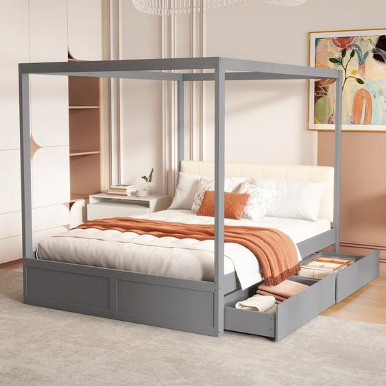 OKWISH Lit à Baldaquin 140×200cm - 2 Tiroirs - Dossier Moelleux - Sommier Inclus - Lit Adulte en Bois - Gris (Sans Matelas)