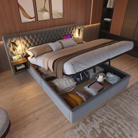 okwish Lit boxspring 180x200 avec port USB, liseuse intégrée, lit coffre double avec 2 tables de chevet et 4 tiroirs (sans matelas), gris