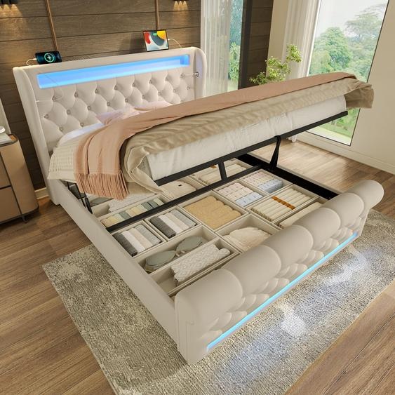 OKWISH Lit Coffre Double 140x200 avec LED et Ports USB Type-C, Tête de Lit avec Rangement - Velours Beige - Matelas Inclus