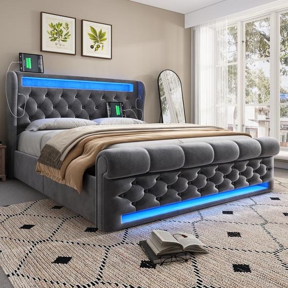 OKWISH Lit Coffre Double 140x200 avec LED et Ports USB Type-C, Tête de Lit avec Rangement - Velours Gris - Matelas Inclus