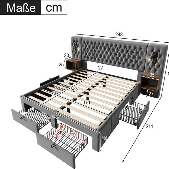 okwish Lit double 160x200 cm avec port USB et lampe de lecture, lit fonctionnel avec 2 tables de chevet et 4 tiroirs (sans matelas) – gris