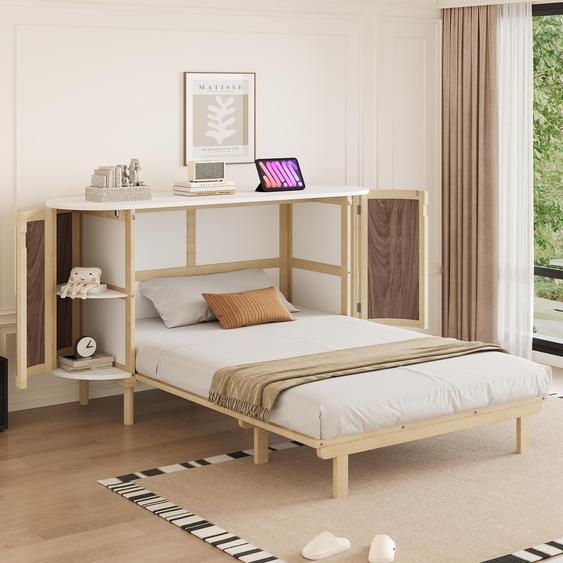 OKWISH Lit Escamotable 140x200 cm - Lit Simple Vertical avec Rangement Intégré - Design Rotin - Structure en Bois - Sans Matelas - Bois Naturel