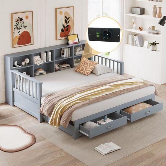 OKWISH Lit Gigogne 90/180x190cm - Compartiment de Rangement - Prise USB - 2 Tiroirs - Bois - Gris (Sans Matelas)