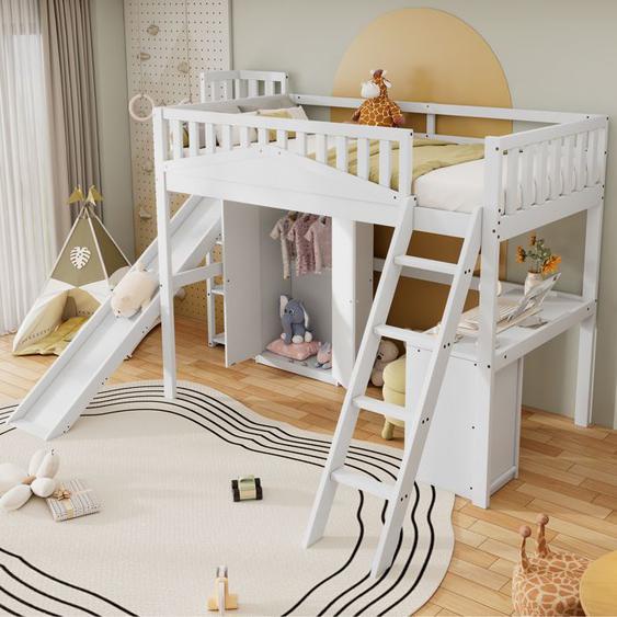 OKWISH Lit Mezzanine Enfant 90x200cm - Table et Armoire Inclus - Espace de Rangement - Échelle et Toboggan - Bois, Blanc