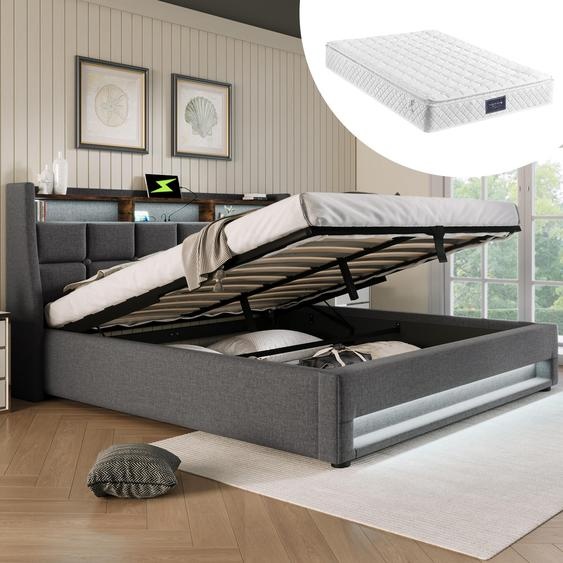 OKWISH Lit tapissier 140x200cm avec coffre,Lit coffre Lit capitonné avec éclairage LED,Lit simple rembourré avec prise USB,Gris(Avec matelas)