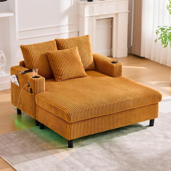 OKWISH Méridienne - 2 Places Éclairage LED Porte-Gobelets Latéraux et Ports USB Tissu Velours Jaune