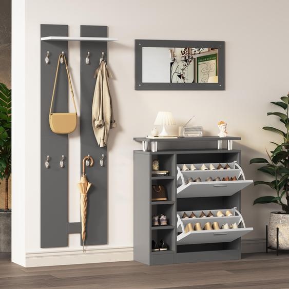OKWISH Meuble d’Entrée Mural avec Miroir, Patères et Meuble à Chaussures - Ensemble Compact pour Couloir - Design Moderne - 80x25x96,5 cm - Gris