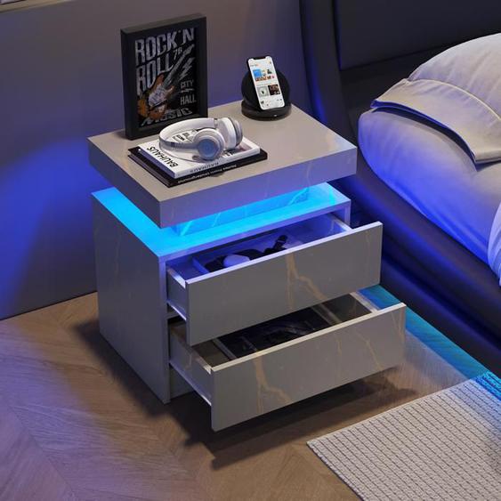 OKWISH Table de Chevet LED 50×53×36cm - 2 tiroirs - Pour Chambre à Coucher - Gris+Doré