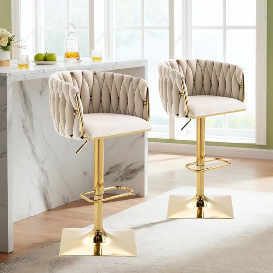 OKWISH Tabourets - Lot de 2 Chaises de Bar Réglables Avec Dossier et Repose-Pieds, Assise Velours Rembourrée, Pieds Métal Doré - Ivoire