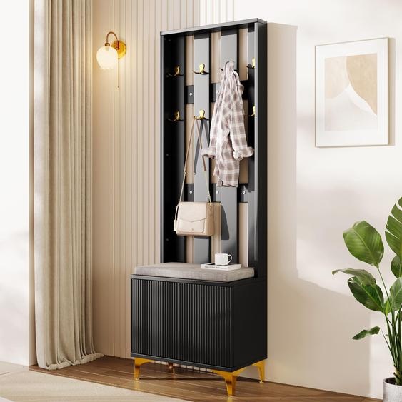 OKWISH Vestiaire D’entrée Avec Portes Ondulées, Système Push-To-Open Et Étagères Réglables, Charnières Amorties EtReproduction Doré, Noir, 60,5x35,2x180,5 cm