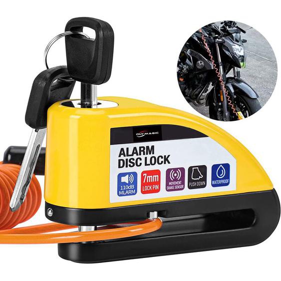 Oly Magic - Bloque Disque Moto Alarme 110db Antivol Moto, Alarm Disc Lock Electrique avec 1.5m Câble Rappel, Sac portable, Cadenas Anti Vole pour