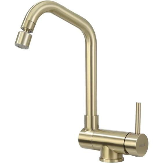 Onece - Robinet de Cuisine Rabattable Doré avec Tête de Pulvérisation Rotative, Mitigeur Evier 2 Jets, Robinet Or devant Fenêtre Pivotant à 360° pour