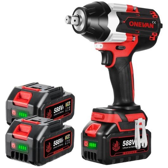 Onevan - 1800Nm Clé à Chocs Sans Fil Brushless,3 vitesses,1/2  Boulonneuse a Choc avec 2x588VF Batterie - rouge