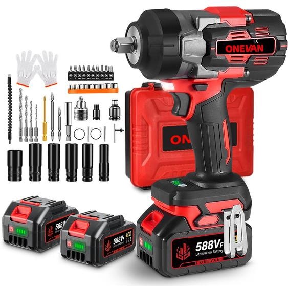ONEVAN, clé à chocs sans fil, 2800 Nm, sans balais, 1/2 pouce, 2 batteries de 3,0 Ah, coffret daccessoires comprenant 44 pièces, noir/rouge