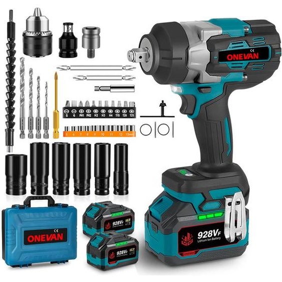 ONEVAN : Clé à chocs sans fil, 2800 Nm, sans balais, 1/2 pouce, 2 batteries de 4,5 Ah, coffret avec 44 accessoires