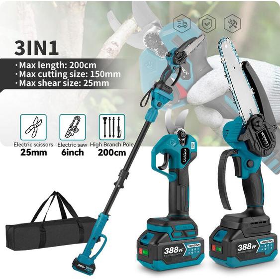 Tronçonneuse à batterie 6 pouces et Sécateur électrique 25mm set,avec perche élescopique 2 m,2x 3,0 Ah batteries,avec Sac de rangement