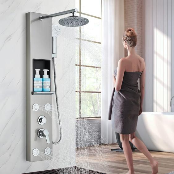 Onyzpily - Colonne de douche hydromassante multifonction en acier inoxydable avec pomme de douche fixe, massage, étagère (nickel brossé)