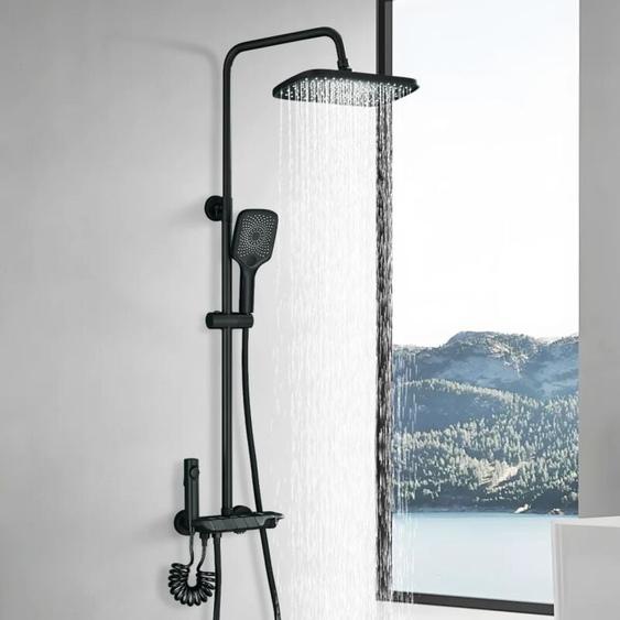Onyzpily - Colonne de Douche Noir Inox Ensemble de Douche Réglable 110-750CM avec pommeau de douche en abs 27x18cm,Colonne Douche 4 Modes
