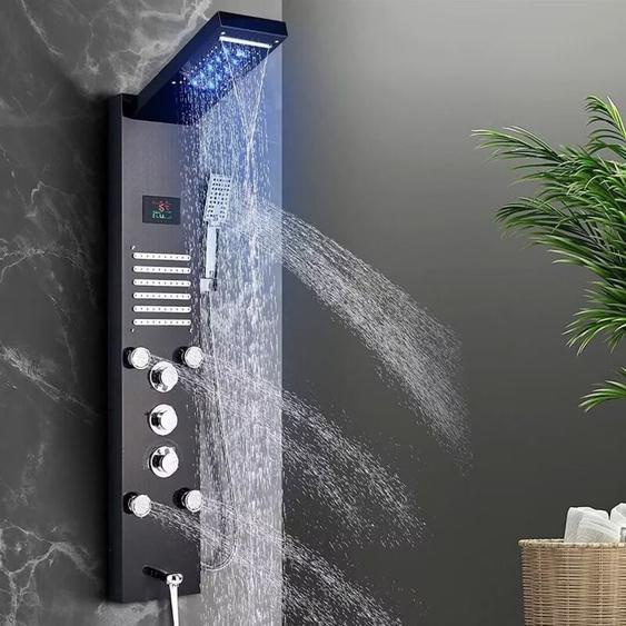 Onyzpily - Douche Pluie Plusieurs Sorties DEau Ensemble De Douche Noir avec Éclairage led, Colonne de Douche Hydromassante avec Mitigeur et Buses