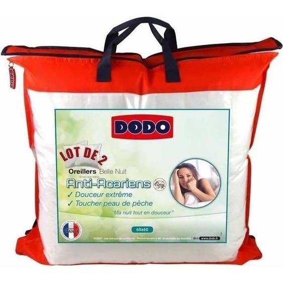 Oreillers Belle Nuit 60x60 cm, Lot de 2, Anti-acariens, Garnissage Polyester, Lavables, Blanc