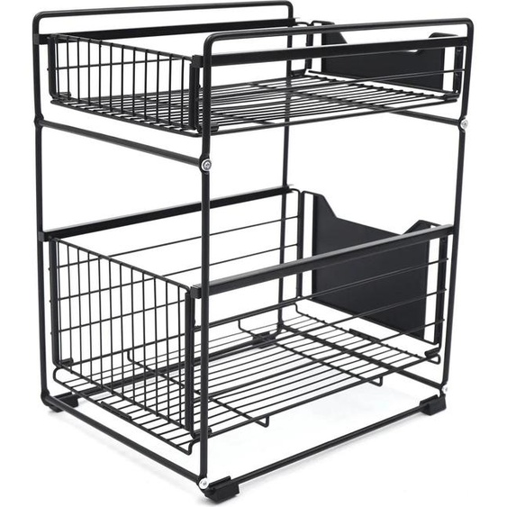 Organisateur darmoire extensible - Étagère coulissante à 2 niveaux/étagère à épices - Réglable en hauteur - Acier au carbone robuste - 37,4 × 28,2 × 44 cm - Largeur du panier : 26,5 cm - Noir