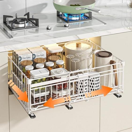 Organisateur de cuisine extensible, tiroir télescopique, 32,5-50 cm, blanc, métal