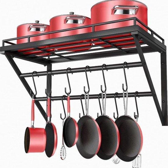 Organisateur de cuisine - Support mural - 60 cm - Métal - 2 rails - 12 crochets - Noir