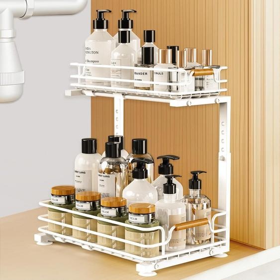 Organisateur de placard pour cuisine, 2 étagères, en métal, à placer sous lévier, étagères réglables en hauteur, extensible, de couleur blanche