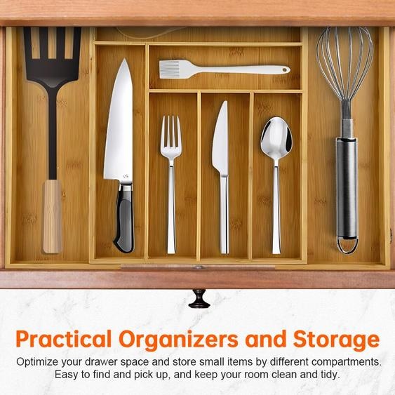 Organisateur de tiroir de cuisine extensible pour ustensiles, couverts et couverts plats Bambou Silverware Drawer Organizer Tray Multifunctional for Desk Kitchen Organizers and Storage (en anglais seulement)