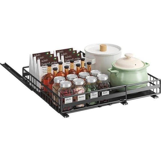 Organisateur pour placard de cuisine - Étagère coulissante - Télescopique 31–49 cm - Acier - Rails de guidage - Avec tiroir - Noir