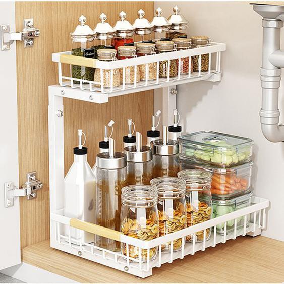 Organisateur sous évier extensible en métal pour cuisine et salle de bain avec 2tiroirs extensibles,le garde-manger,les