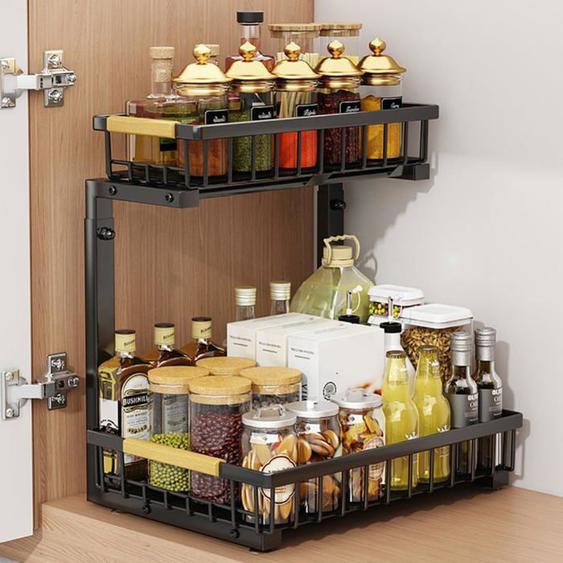 Organisateur sous évier extensible en métal pour cuisine et salle de bain avec 2tiroirs extensibles,le garde-manger,les épices,Noir